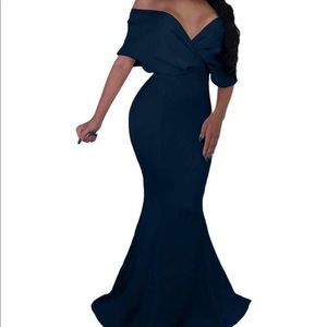 V Neck Off The Shoulder Gown Fishtail Maxi Dress